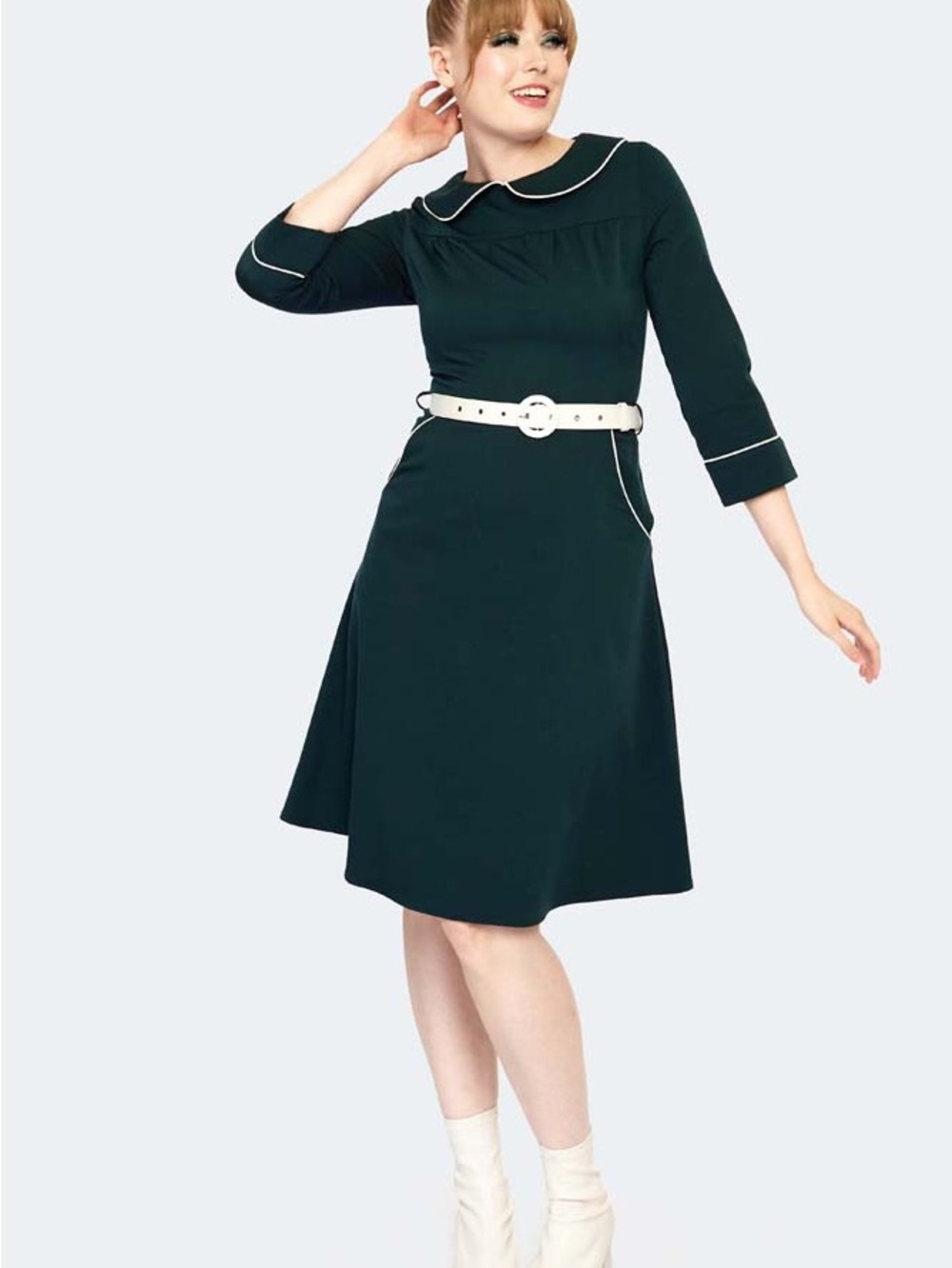 🆕️ VOODOO VIXEN Dark Green Peter Pan Collar Dress with White Trim Size 8